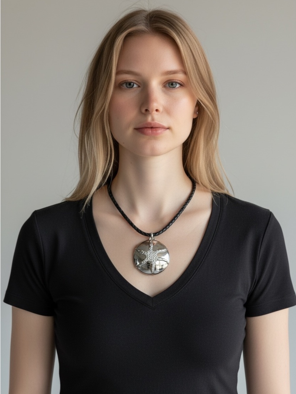9/20 Silver Starfish Pendant on Black Cord Necklace